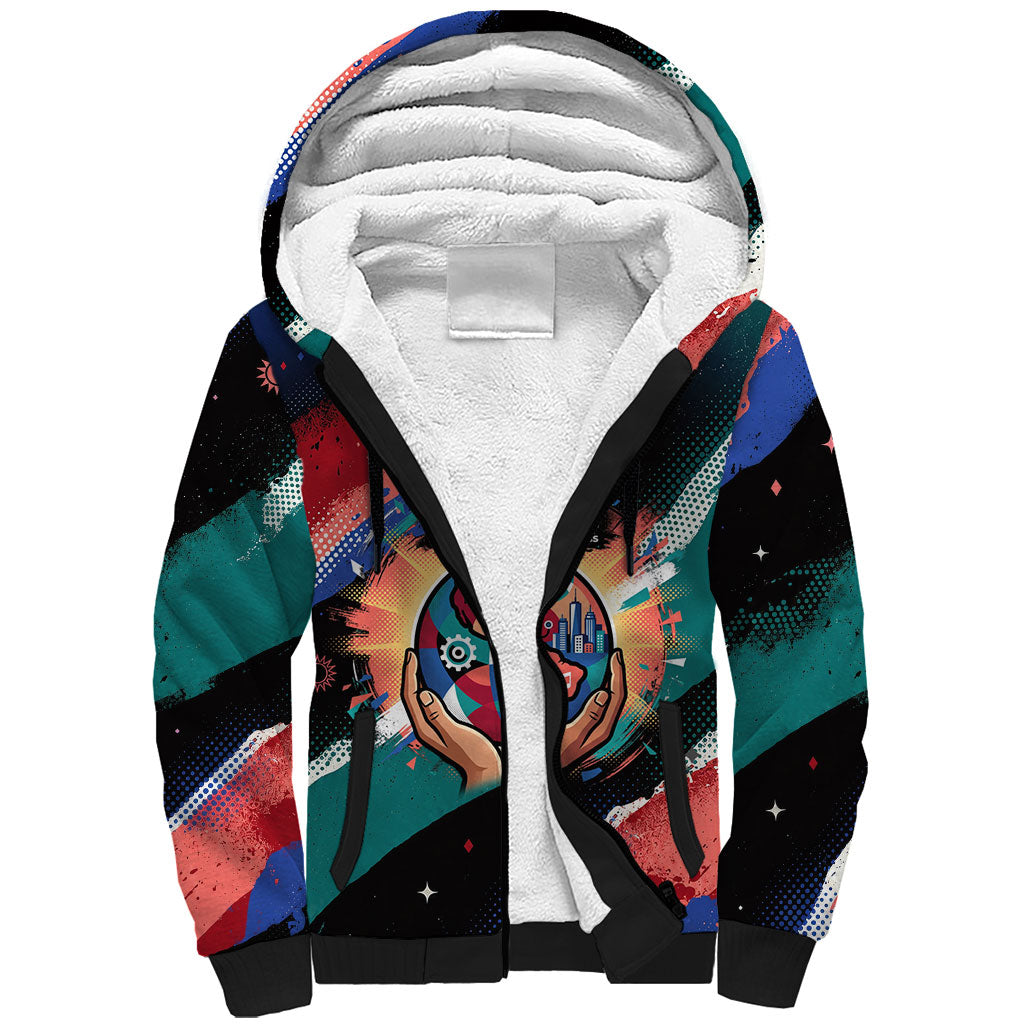Hispanic Heritage Month Unidos We Rise Sherpa Hoodie Vibrant Sunflower Flags - Globe Graphic With Splatter Paint