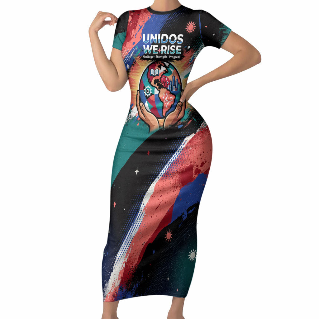 Hispanic Heritage Month Unidos We Rise Short Sleeve Bodycon Dress Vibrant Sunflower Flags - Globe Graphic With Splatter Paint