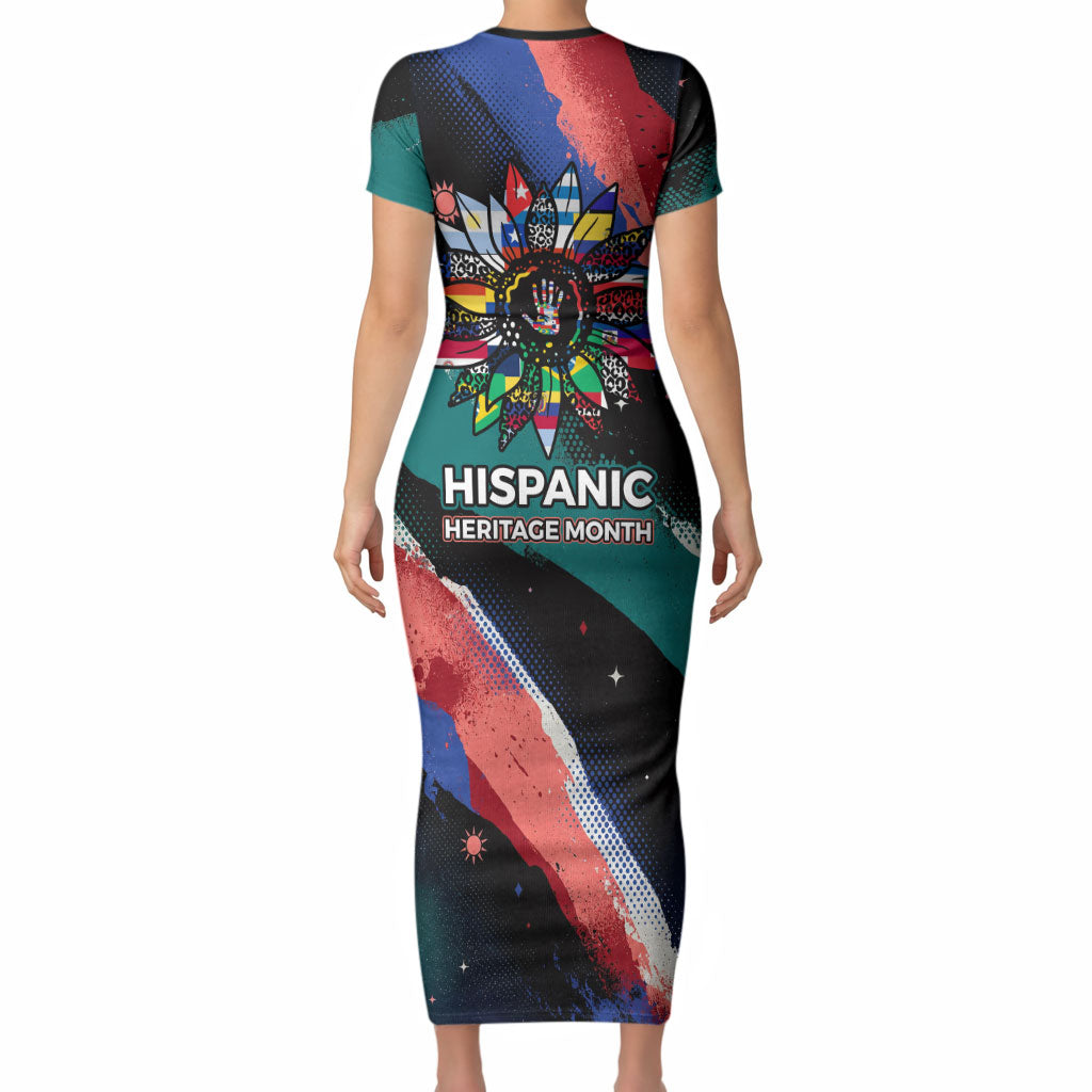 Hispanic Heritage Month Unidos We Rise Short Sleeve Bodycon Dress Vibrant Sunflower Flags - Globe Graphic With Splatter Paint