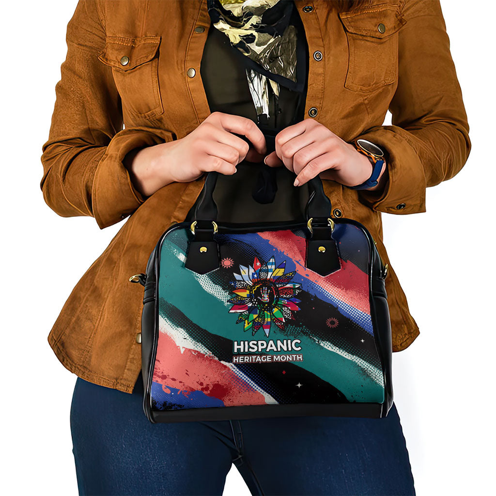 Hispanic Heritage Month Unidos We Rise Shoulder Handbag Vibrant Sunflower Flags - Globe Graphic With Splatter Paint