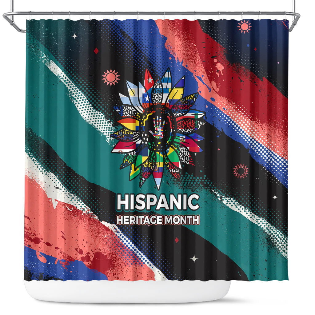 Hispanic Heritage Month Unidos We Rise Shower Curtain Vibrant Sunflower Flags - Globe Graphic With Splatter Paint