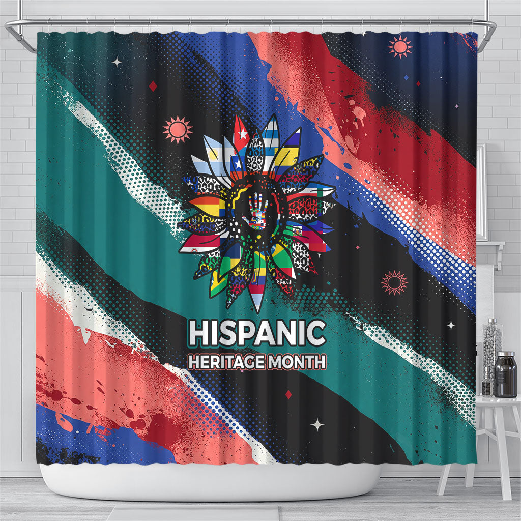 Hispanic Heritage Month Unidos We Rise Shower Curtain Vibrant Sunflower Flags - Globe Graphic With Splatter Paint
