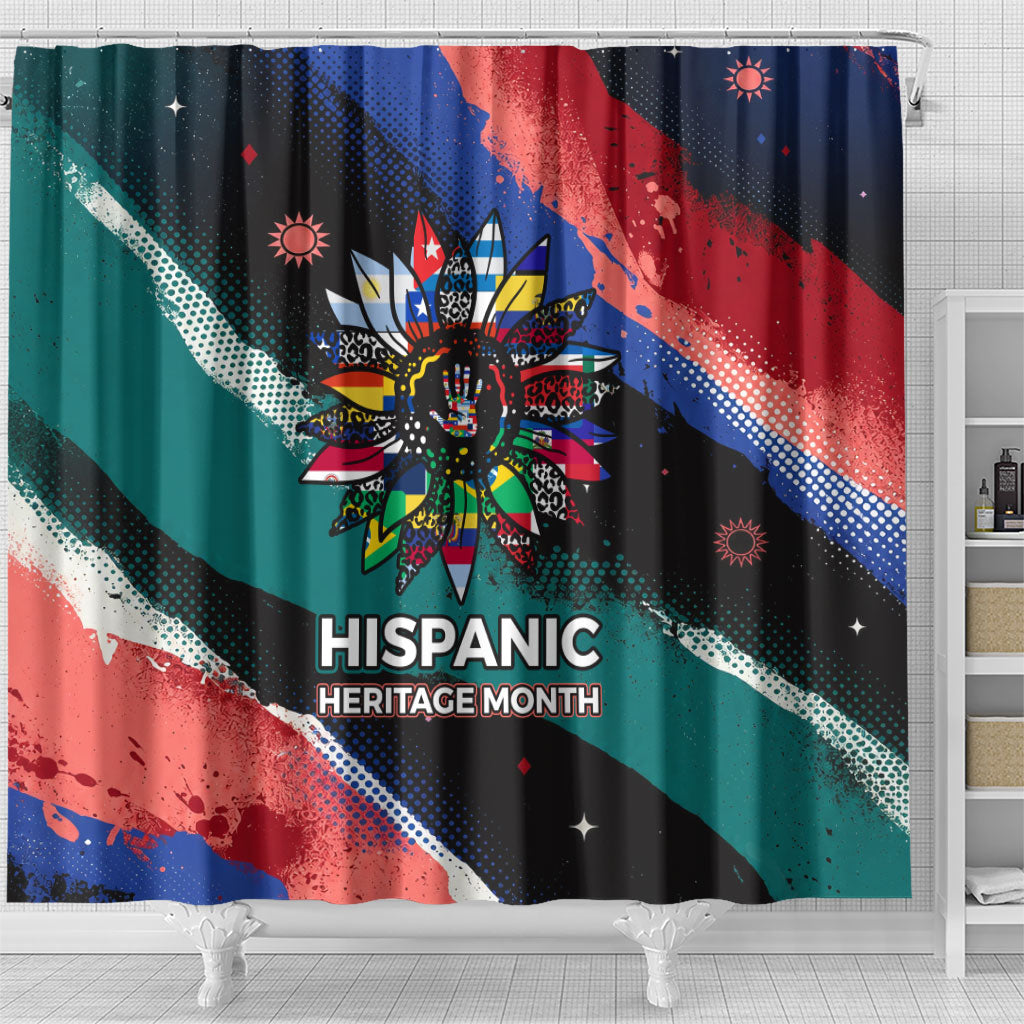 Hispanic Heritage Month Unidos We Rise Shower Curtain Vibrant Sunflower Flags - Globe Graphic With Splatter Paint
