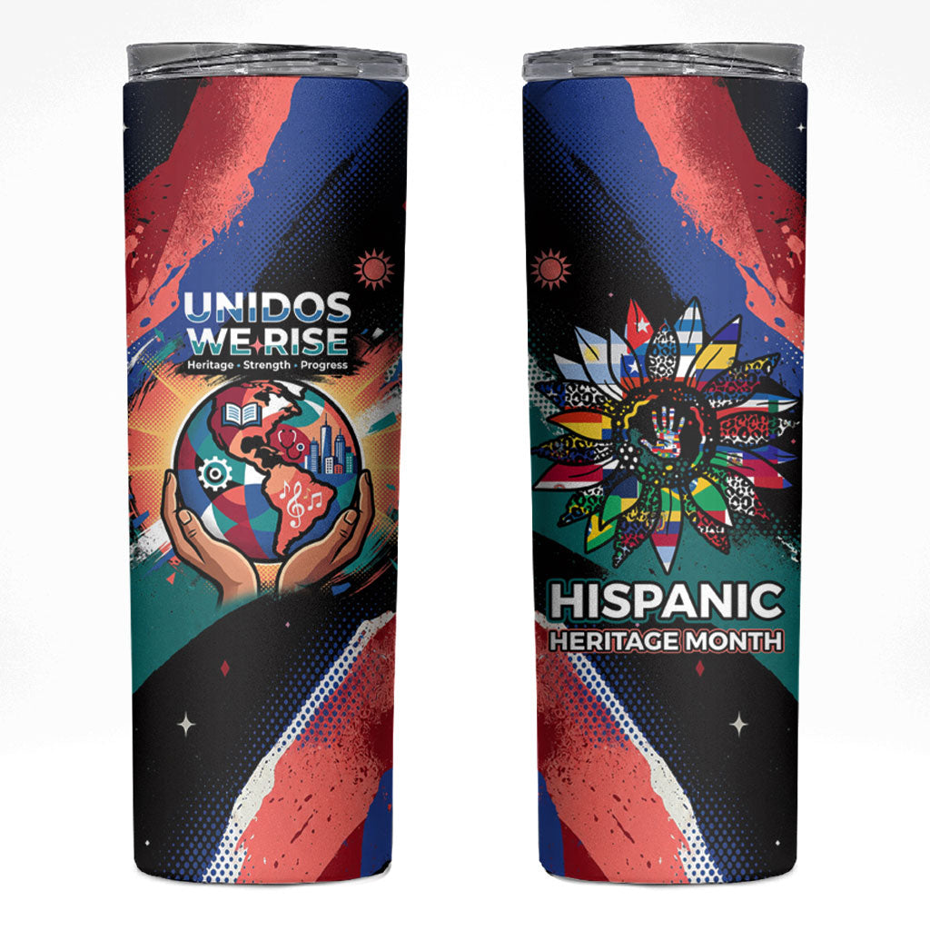 Hispanic Heritage Month Unidos We Rise Skinny Tumbler Vibrant Sunflower Flags - Globe Graphic With Splatter Paint