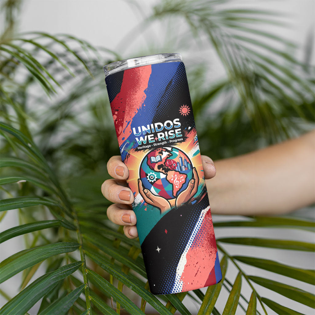 Hispanic Heritage Month Unidos We Rise Skinny Tumbler Vibrant Sunflower Flags - Globe Graphic With Splatter Paint