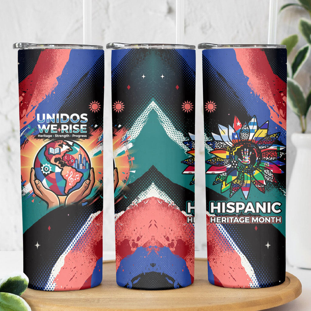 Hispanic Heritage Month Unidos We Rise Skinny Tumbler Vibrant Sunflower Flags - Globe Graphic With Splatter Paint