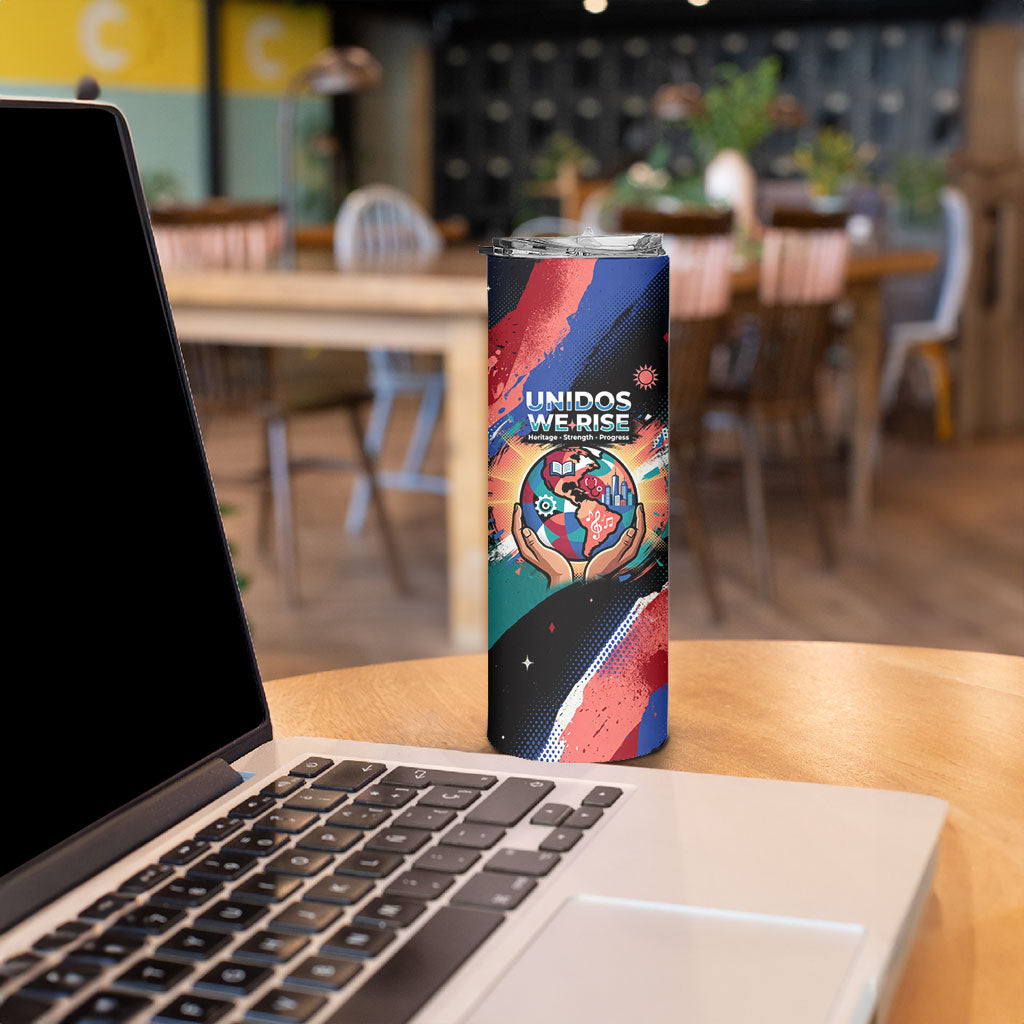 Hispanic Heritage Month Unidos We Rise Skinny Tumbler Vibrant Sunflower Flags - Globe Graphic With Splatter Paint