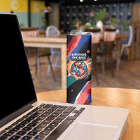 Hispanic Heritage Month Unidos We Rise Skinny Tumbler Vibrant Sunflower Flags - Globe Graphic With Splatter Paint