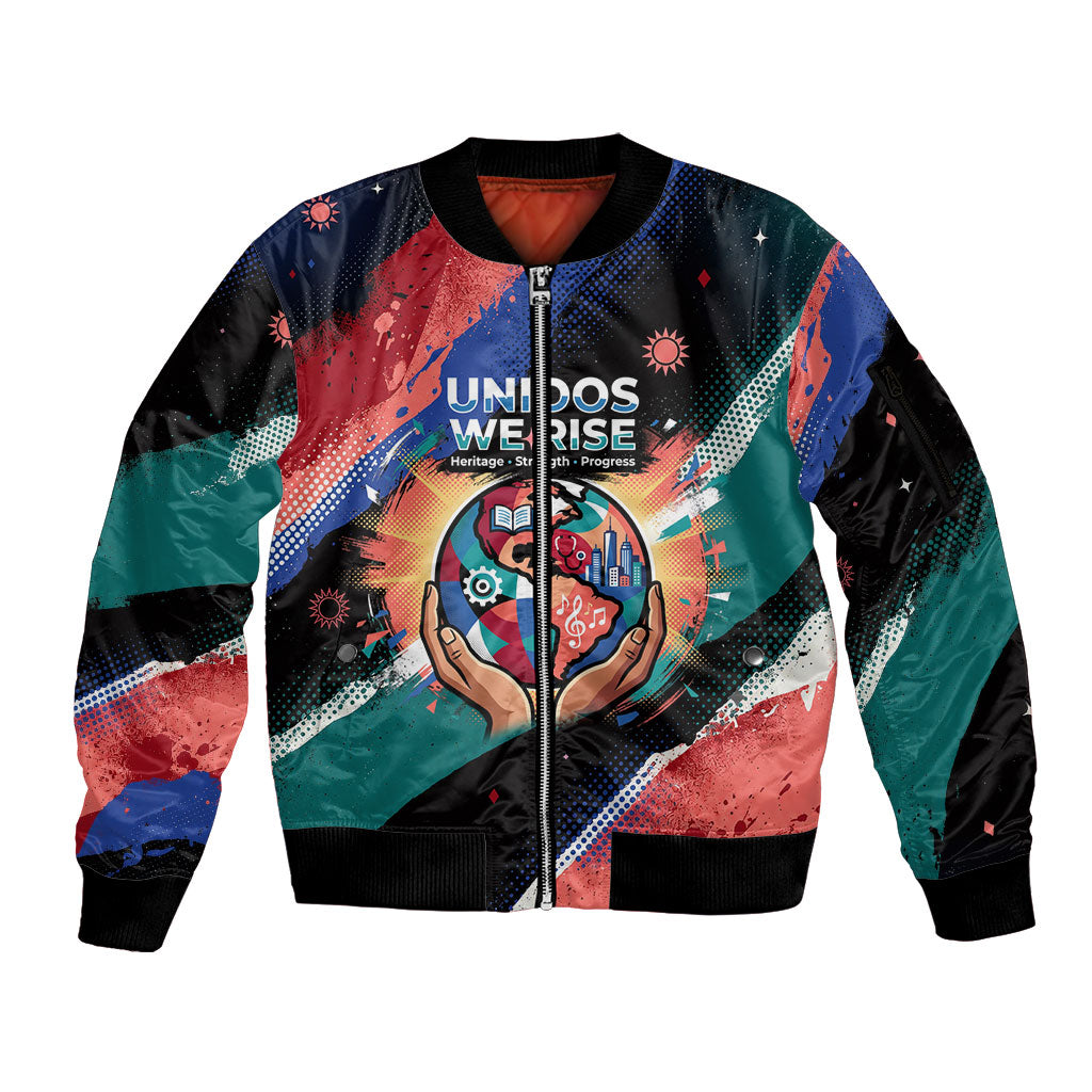 Hispanic Heritage Month Unidos We Rise Sleeve Zip Bomber Jacket Vibrant Sunflower Flags - Globe Graphic With Splatter Paint