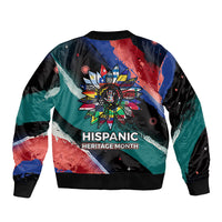 Hispanic Heritage Month Unidos We Rise Sleeve Zip Bomber Jacket Vibrant Sunflower Flags - Globe Graphic With Splatter Paint
