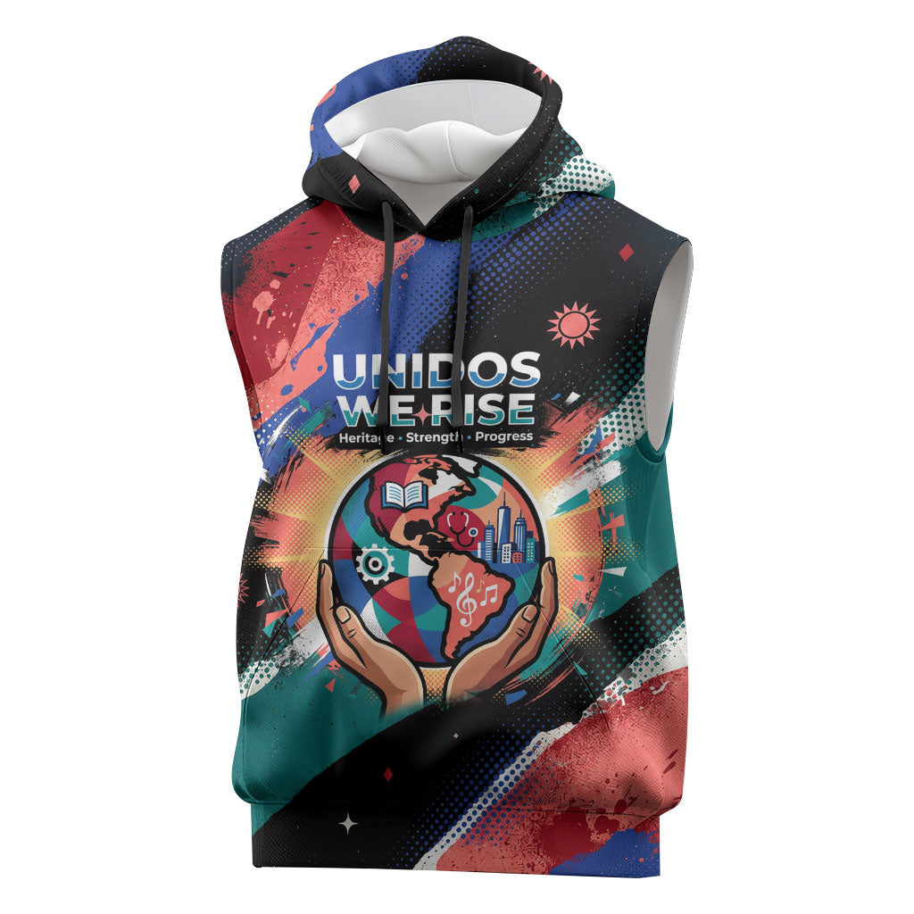Hispanic Heritage Month Unidos We Rise Sleeveless Hoodie Vibrant Sunflower Flags - Globe Graphic With Splatter Paint