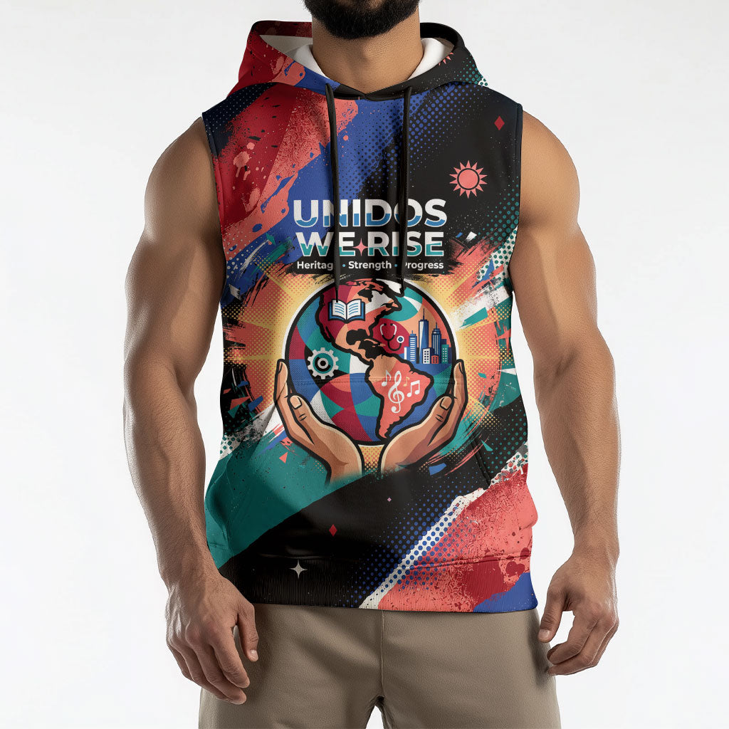 Hispanic Heritage Month Unidos We Rise Sleeveless Hoodie Vibrant Sunflower Flags - Globe Graphic With Splatter Paint