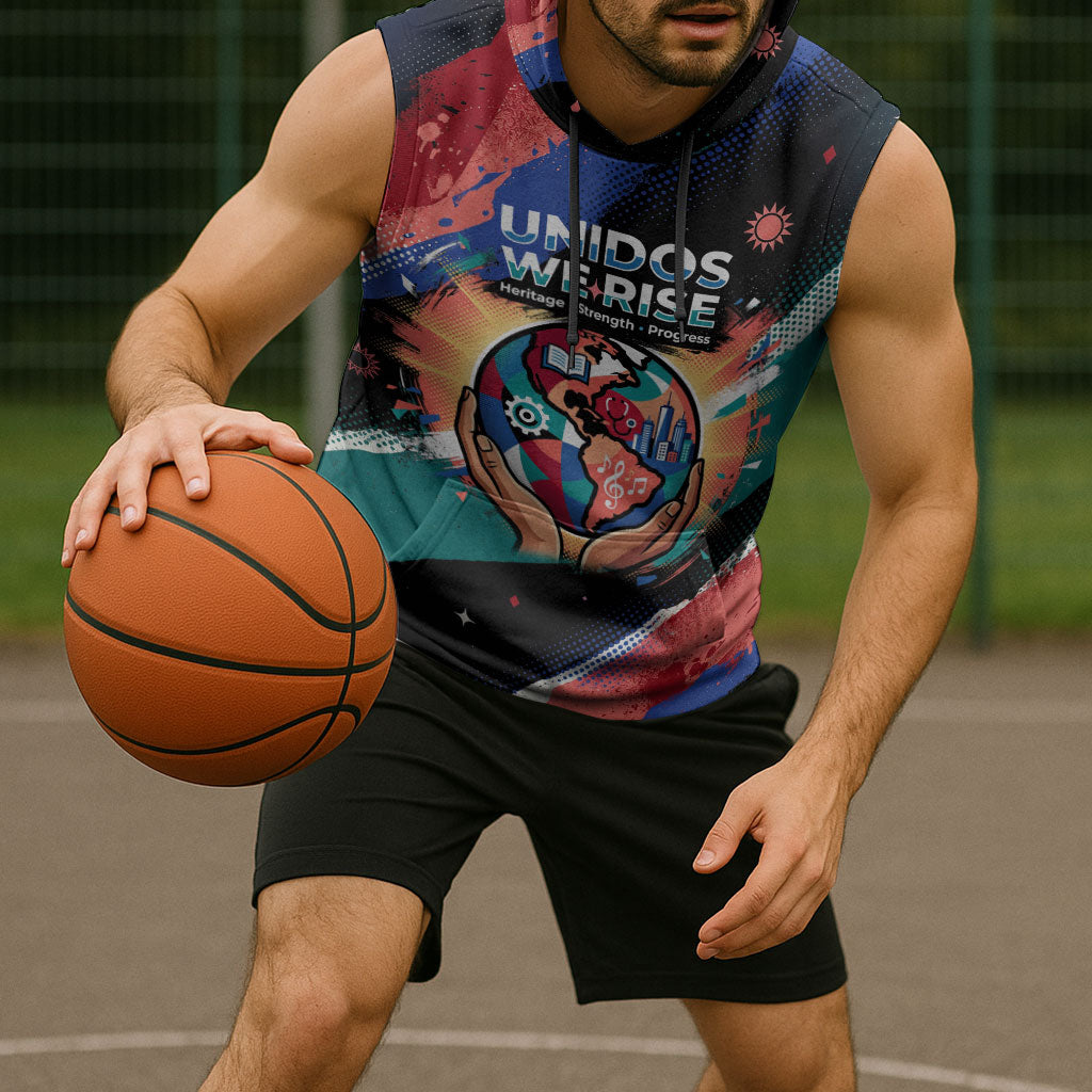 Hispanic Heritage Month Unidos We Rise Sleeveless Hoodie Vibrant Sunflower Flags - Globe Graphic With Splatter Paint