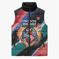 Hispanic Heritage Month Unidos We Rise Sleeveless Puffer Jacket Vibrant Sunflower Flags - Globe Graphic With Splatter Paint