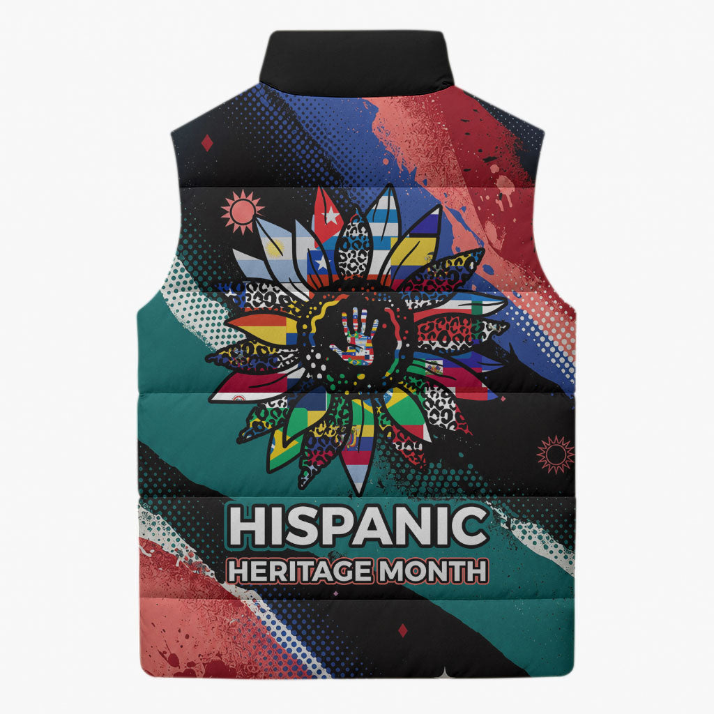 Hispanic Heritage Month Unidos We Rise Sleeveless Puffer Jacket Vibrant Sunflower Flags - Globe Graphic With Splatter Paint