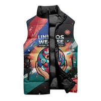 Hispanic Heritage Month Unidos We Rise Sleeveless Puffer Jacket Vibrant Sunflower Flags - Globe Graphic With Splatter Paint