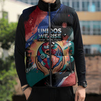 Hispanic Heritage Month Unidos We Rise Sleeveless Puffer Jacket Vibrant Sunflower Flags - Globe Graphic With Splatter Paint