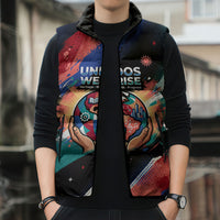 Hispanic Heritage Month Unidos We Rise Sleeveless Puffer Jacket Vibrant Sunflower Flags - Globe Graphic With Splatter Paint