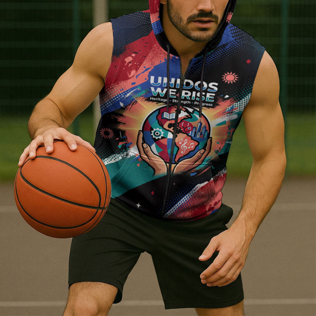 Hispanic Heritage Month Unidos We Rise Sleeveless Zip Hoodie Vibrant Sunflower Flags - Globe Graphic With Splatter Paint