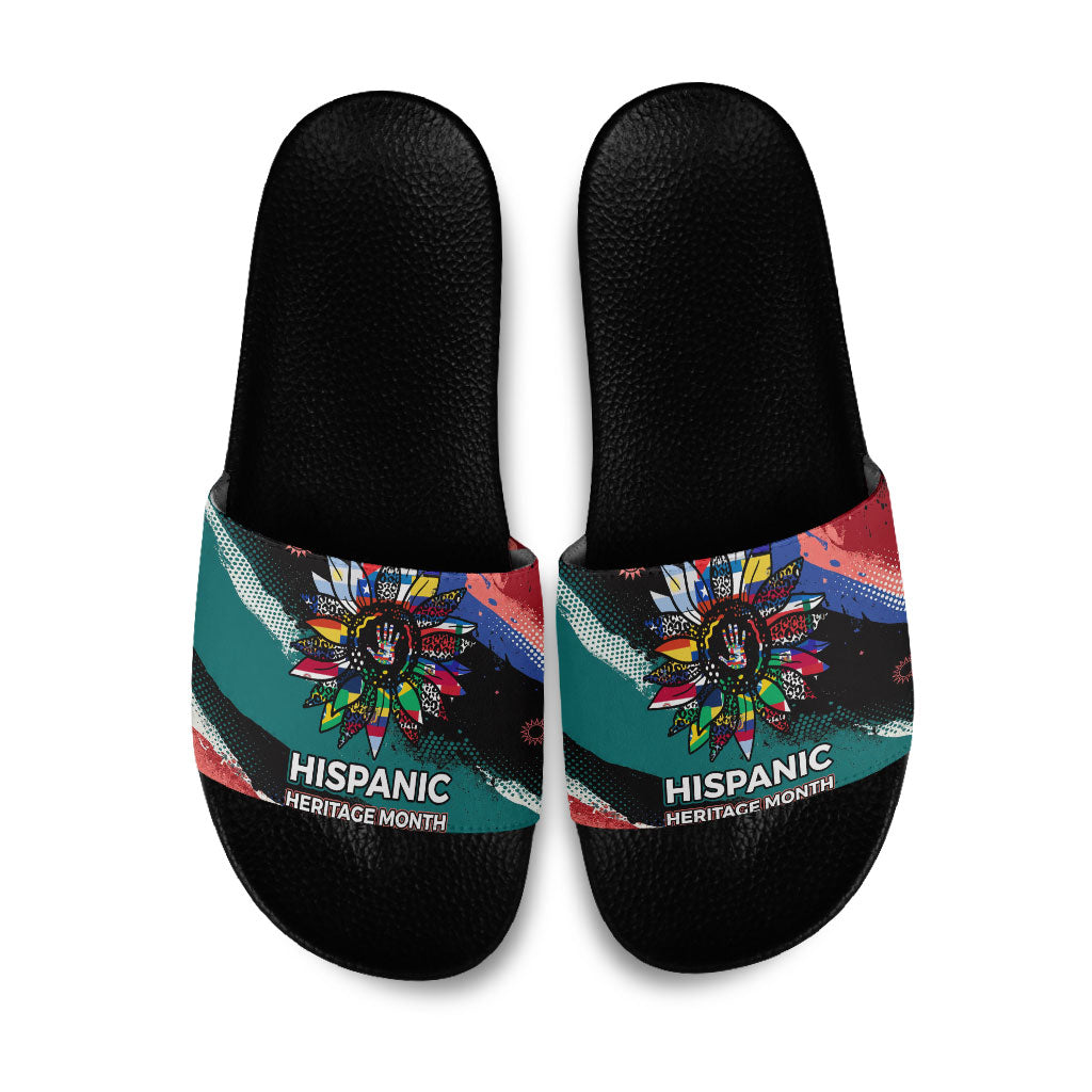 Hispanic Heritage Month Unidos We Rise Slide Sandals Vibrant Sunflower Flags - Globe Graphic With Splatter Paint