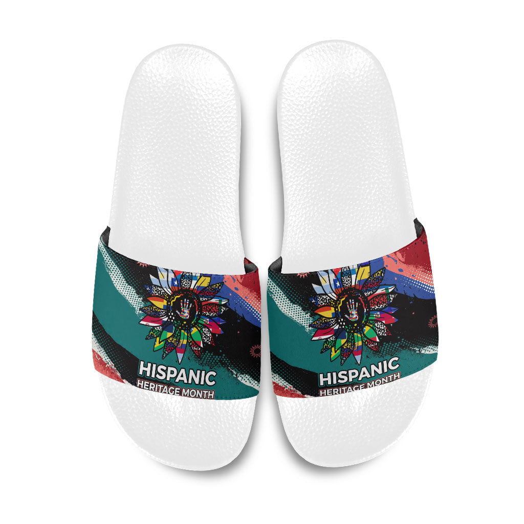Hispanic Heritage Month Unidos We Rise Slide Sandals Vibrant Sunflower Flags - Globe Graphic With Splatter Paint