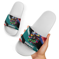 Hispanic Heritage Month Unidos We Rise Slide Sandals Vibrant Sunflower Flags - Globe Graphic With Splatter Paint
