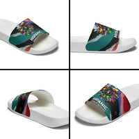 Hispanic Heritage Month Unidos We Rise Slide Sandals Vibrant Sunflower Flags - Globe Graphic With Splatter Paint