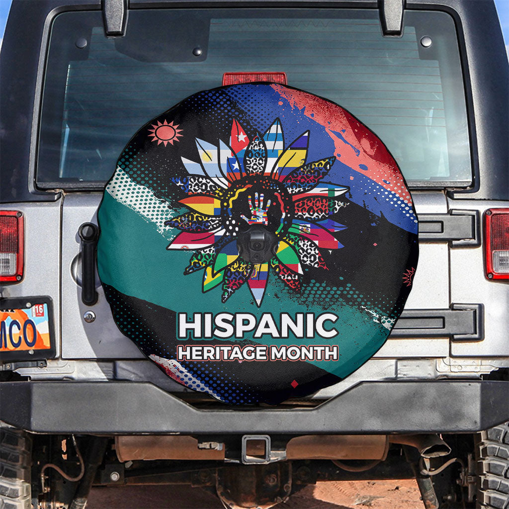 Hispanic Heritage Month Unidos We Rise Spare Tire Cover Vibrant Sunflower Flags - Globe Graphic With Splatter Paint