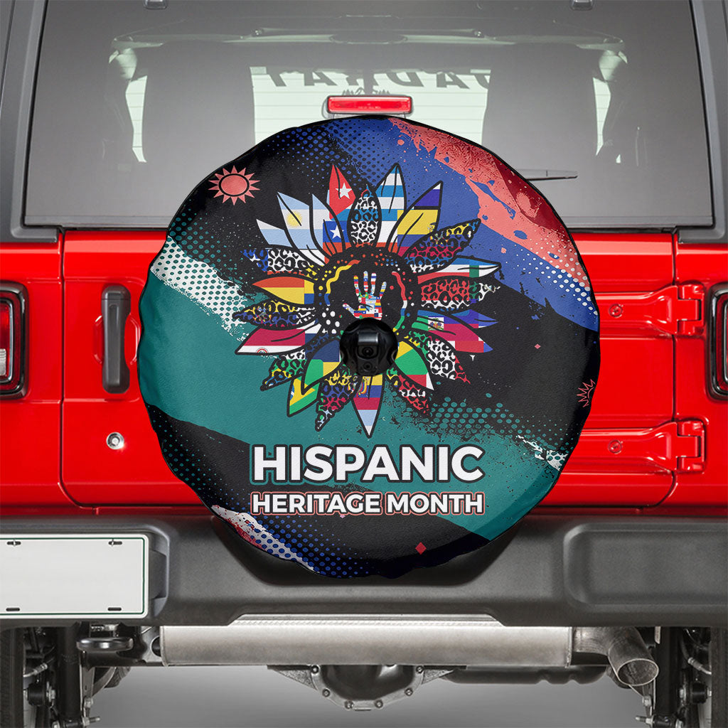 Hispanic Heritage Month Unidos We Rise Spare Tire Cover Vibrant Sunflower Flags - Globe Graphic With Splatter Paint