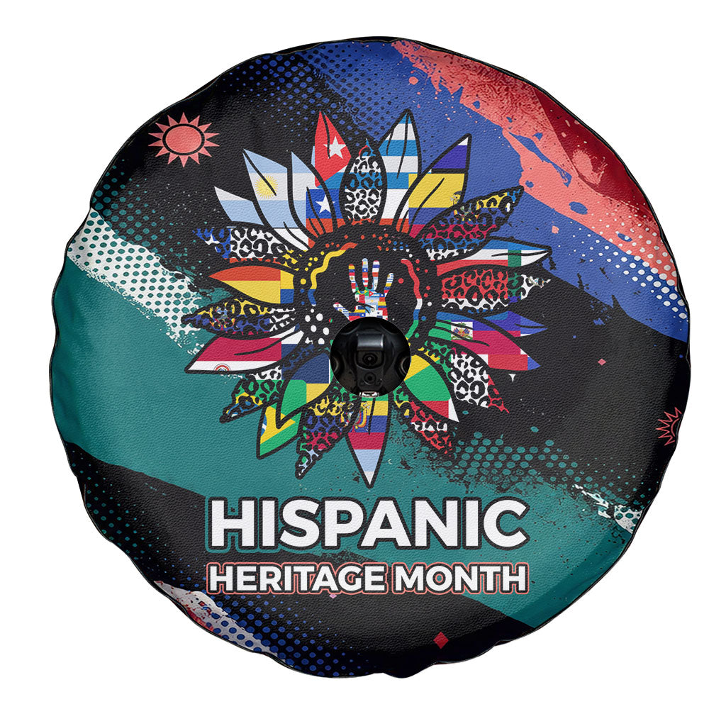 Hispanic Heritage Month Unidos We Rise Spare Tire Cover Vibrant Sunflower Flags - Globe Graphic With Splatter Paint