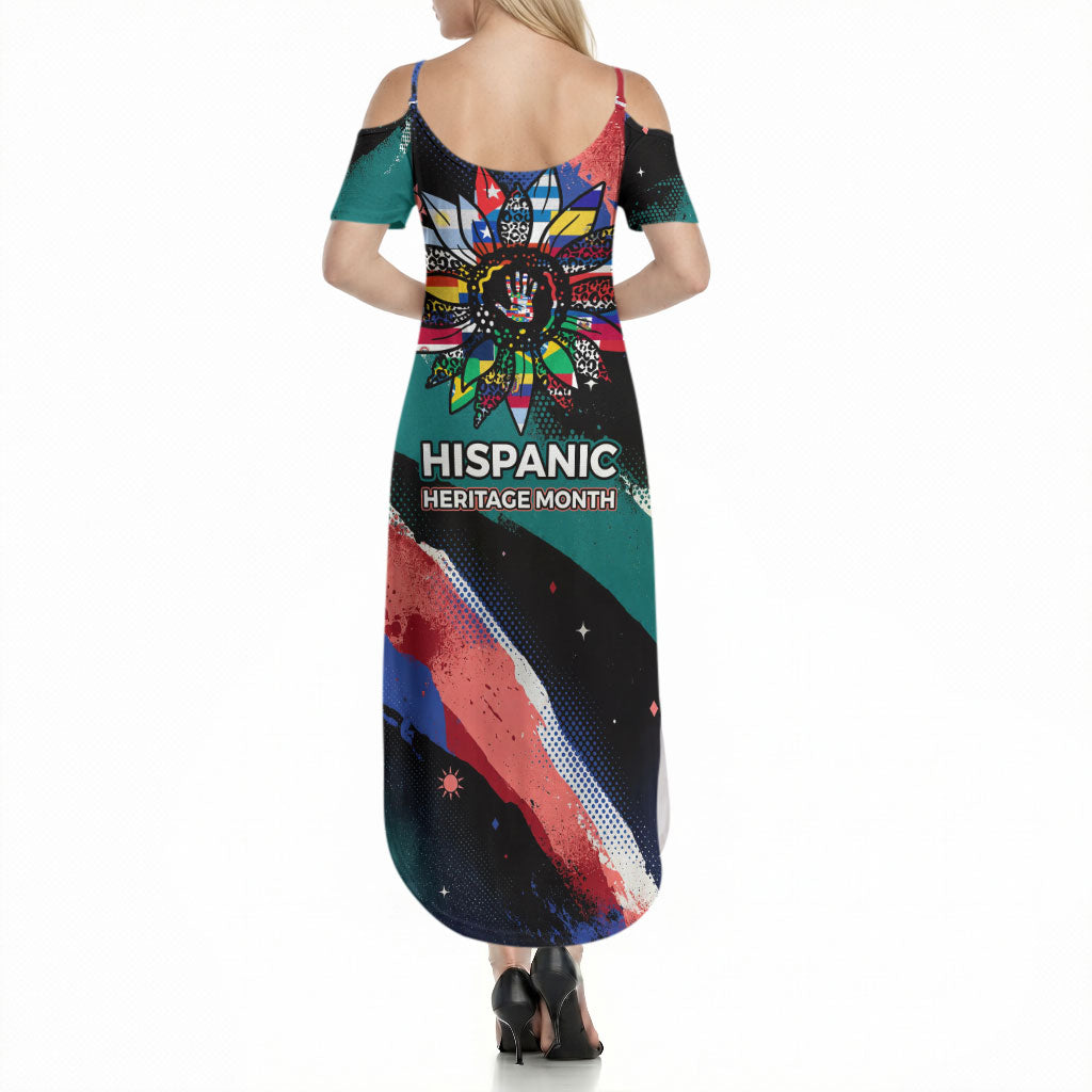 Hispanic Heritage Month Unidos We Rise Summer Maxi Dress Vibrant Sunflower Flags - Globe Graphic With Splatter Paint