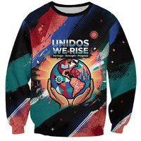 Hispanic Heritage Month Unidos We Rise Sweatshirt Vibrant Sunflower Flags - Globe Graphic With Splatter Paint