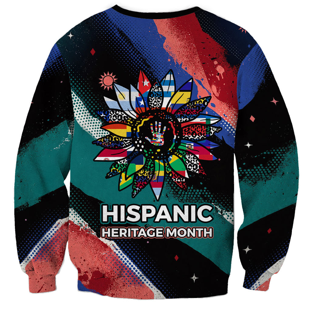 Hispanic Heritage Month Unidos We Rise Sweatshirt Vibrant Sunflower Flags - Globe Graphic With Splatter Paint