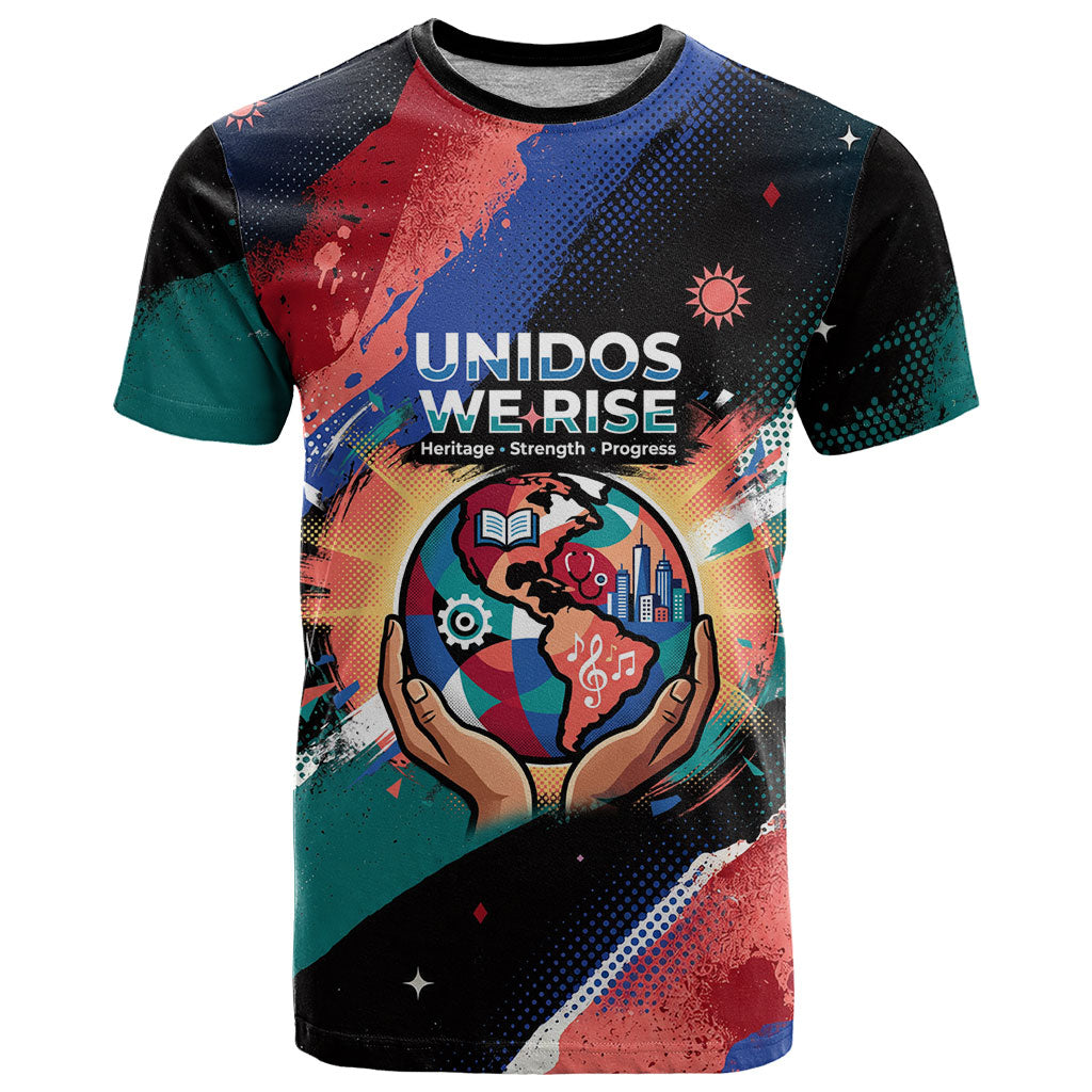 Hispanic Heritage Month Unidos We Rise T Shirt Vibrant Sunflower Flags - Globe Graphic With Splatter Paint