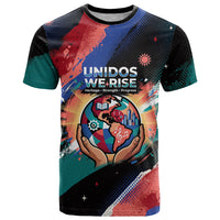 Hispanic Heritage Month Unidos We Rise T Shirt Vibrant Sunflower Flags - Globe Graphic With Splatter Paint