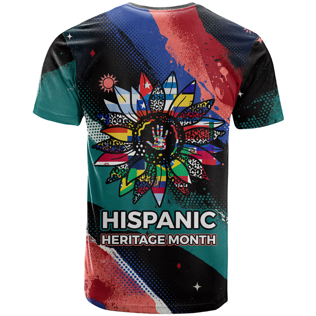 Hispanic Heritage Month Unidos We Rise T Shirt Vibrant Sunflower Flags - Globe Graphic With Splatter Paint