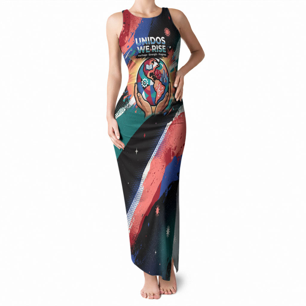 Hispanic Heritage Month Unidos We Rise Tank Maxi Dress Vibrant Sunflower Flags - Globe Graphic With Splatter Paint