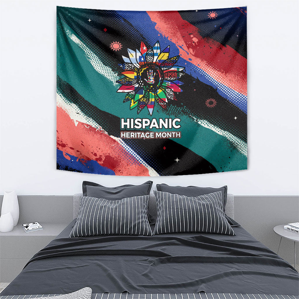 Hispanic Heritage Month Unidos We Rise Tapestry Vibrant Sunflower Flags - Globe Graphic With Splatter Paint
