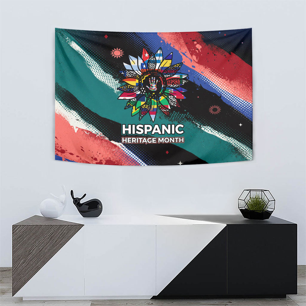 Hispanic Heritage Month Unidos We Rise Tapestry Vibrant Sunflower Flags - Globe Graphic With Splatter Paint