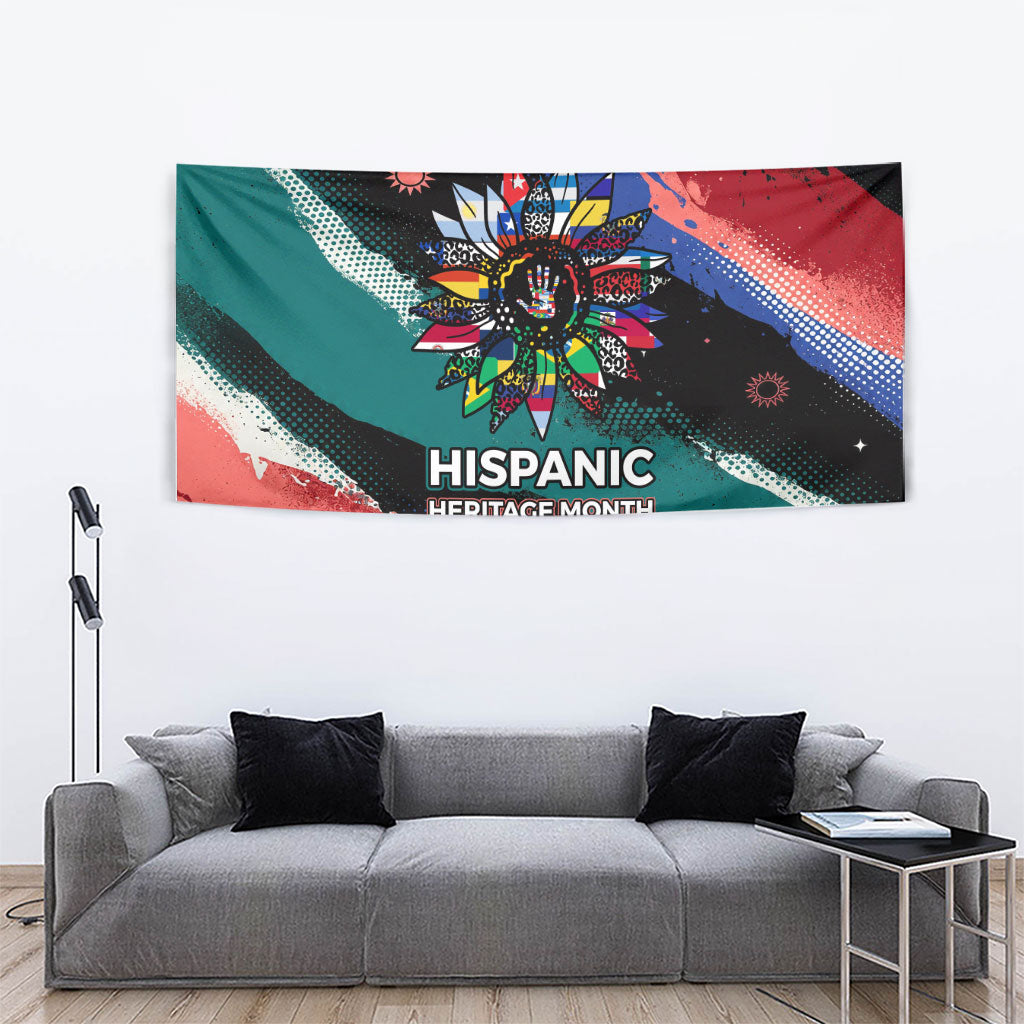 Hispanic Heritage Month Unidos We Rise Tapestry Vibrant Sunflower Flags - Globe Graphic With Splatter Paint