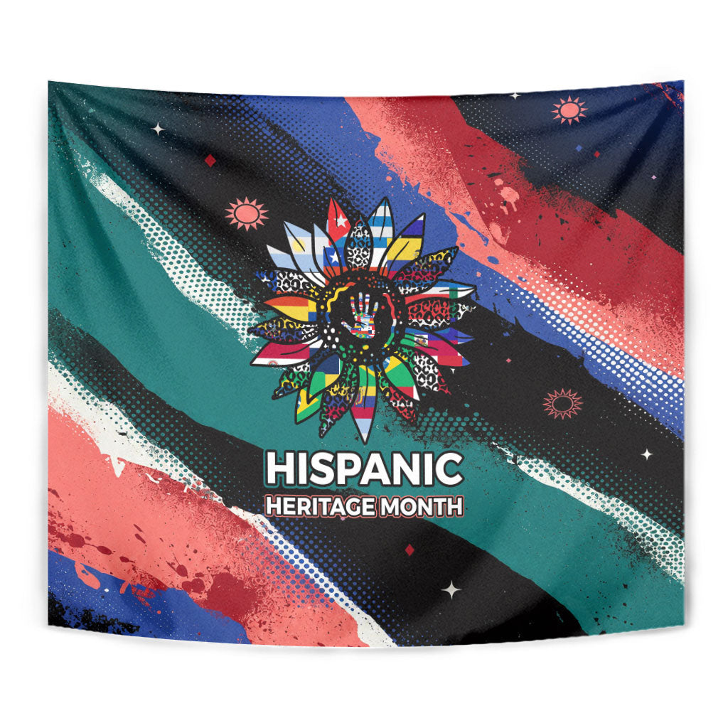 Hispanic Heritage Month Unidos We Rise Tapestry Vibrant Sunflower Flags - Globe Graphic With Splatter Paint
