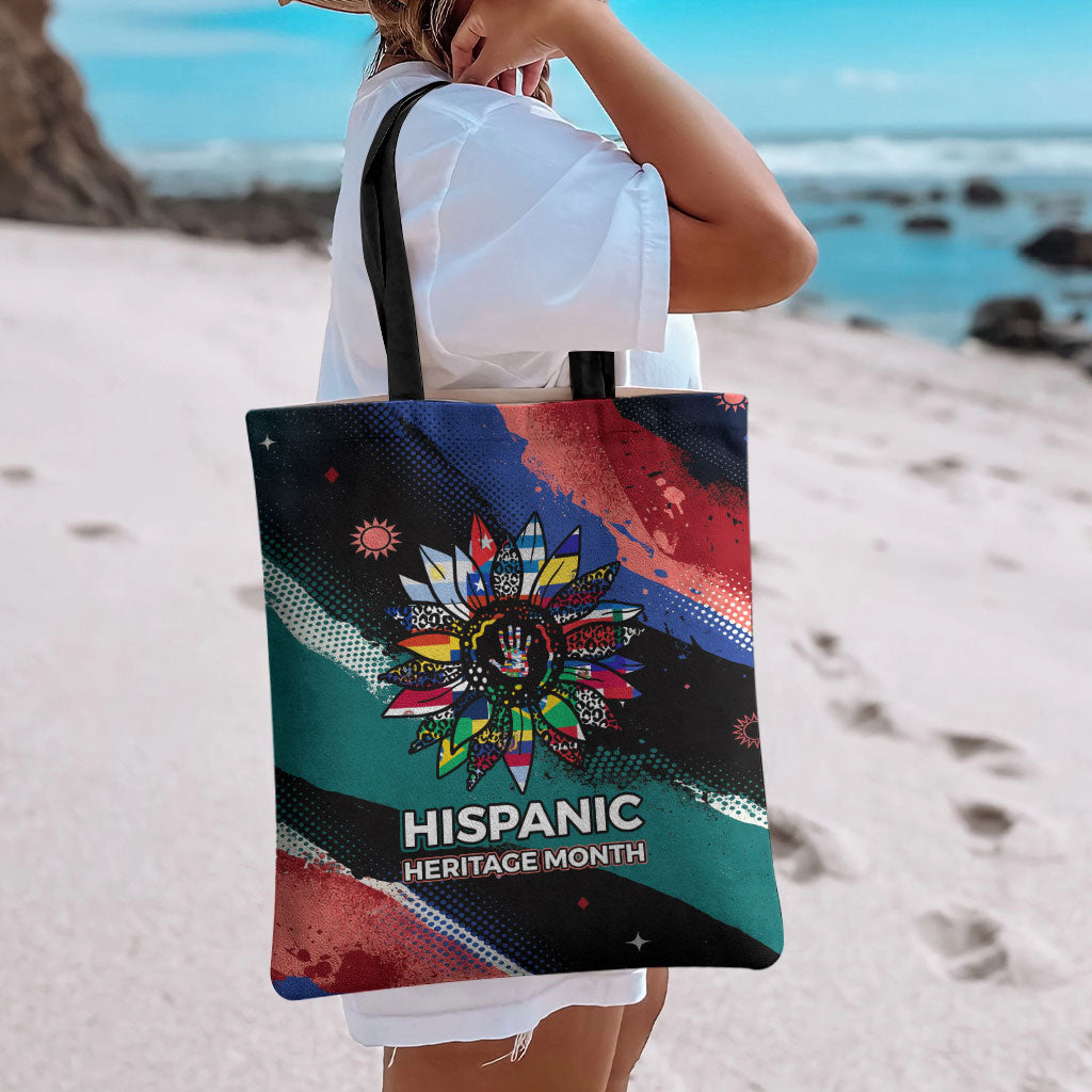 Hispanic Heritage Month Unidos We Rise Tote Bag Vibrant Sunflower Flags - Globe Graphic With Splatter Paint