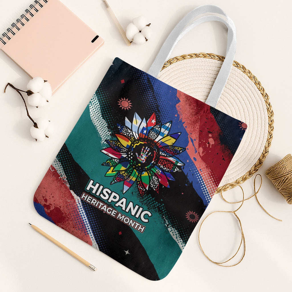 Hispanic Heritage Month Unidos We Rise Tote Bag Vibrant Sunflower Flags - Globe Graphic With Splatter Paint