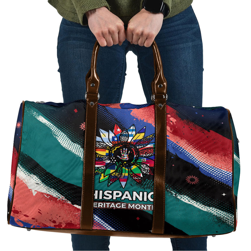 Hispanic Heritage Month Unidos We Rise Travel Bag Vibrant Sunflower Flags - Globe Graphic With Splatter Paint