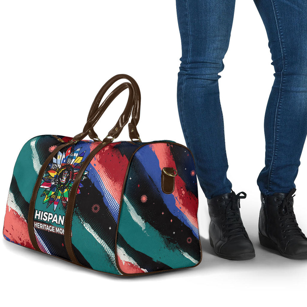Hispanic Heritage Month Unidos We Rise Travel Bag Vibrant Sunflower Flags - Globe Graphic With Splatter Paint