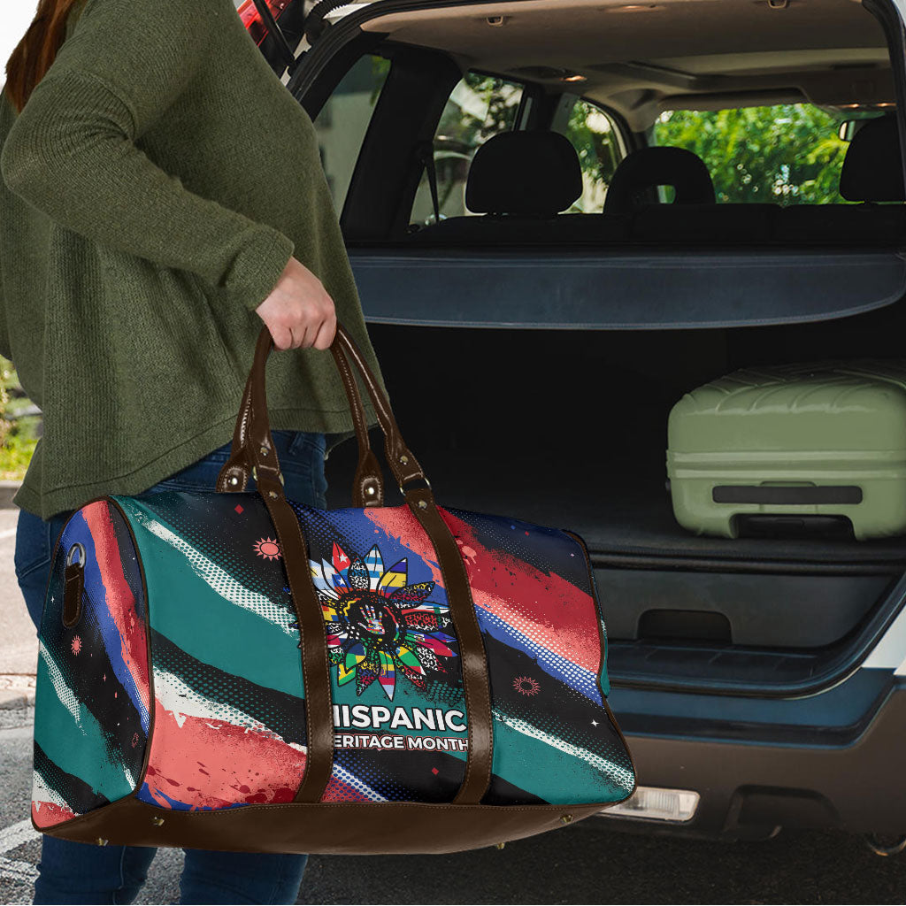 Hispanic Heritage Month Unidos We Rise Travel Bag Vibrant Sunflower Flags - Globe Graphic With Splatter Paint