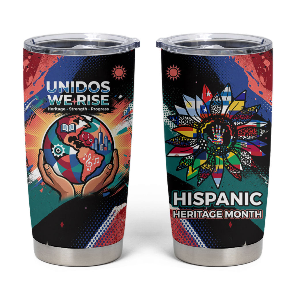 Hispanic Heritage Month Unidos We Rise Tumbler Cup Vibrant Sunflower Flags - Globe Graphic With Splatter Paint