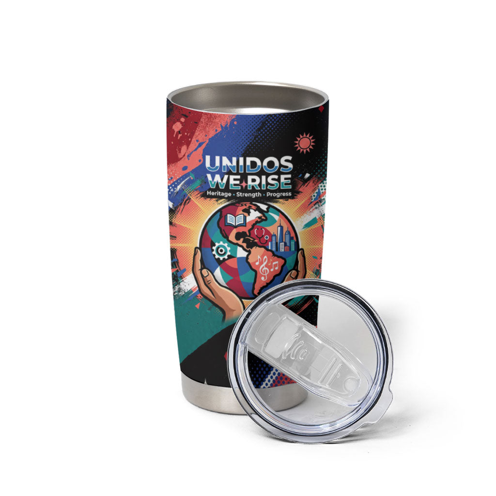 Hispanic Heritage Month Unidos We Rise Tumbler Cup Vibrant Sunflower Flags - Globe Graphic With Splatter Paint