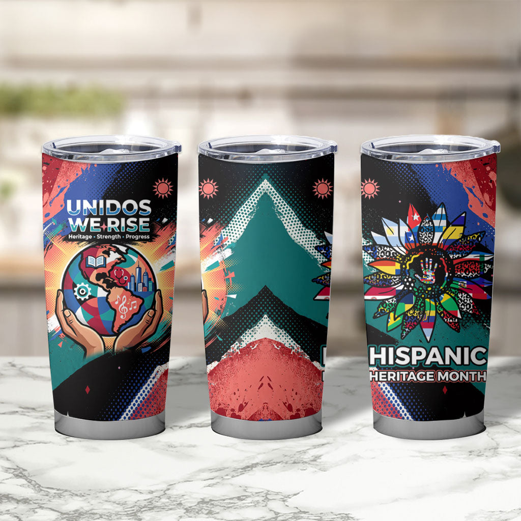Hispanic Heritage Month Unidos We Rise Tumbler Cup Vibrant Sunflower Flags - Globe Graphic With Splatter Paint