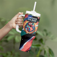 Hispanic Heritage Month Unidos We Rise Tumbler With Handle Vibrant Sunflower Flags - Globe Graphic With Splatter Paint